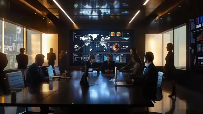 a sleek, modern office setting with high-tech security screens displaying complex authentication protocols, surrounded by professionals engaged in discussions about multi-layered security measures and cutting-edge biometric solutions.