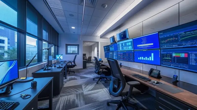 a sleek, modern office setting with multiple computer screens displaying interactive cybersecurity risk assessment dashboards, illuminated by cool blue lights that emphasize a high-tech atmosphere of vigilance and analysis.