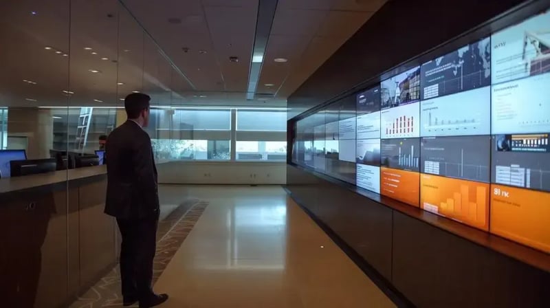 a sleek, modern office setting showcases a focused business professional analyzing data on a large screen, highlighting the importance of long-tail keywords in cybersecurity marketing strategies.