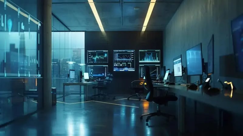 a sleek, modern office space features multiple monitors displaying real-time sql server performance metrics and analytics dashboards, illuminated by focused artificial light, emphasizing the importance of advanced technology in optimizing database performance.