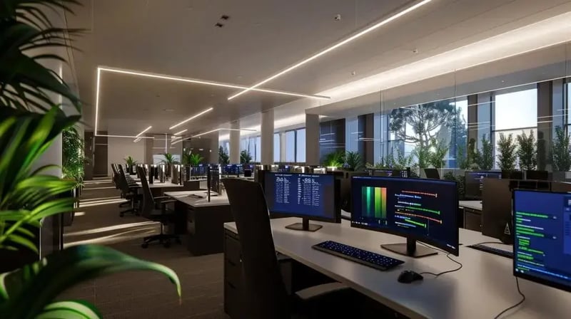 a sleek, modern office space features multiple computer screens displaying cybersecurity dashboards, showcasing real-time threat intelligence and compliance data, illuminated by soft, focused lighting that emphasizes the tools used to mitigate digital vulnerabilities.