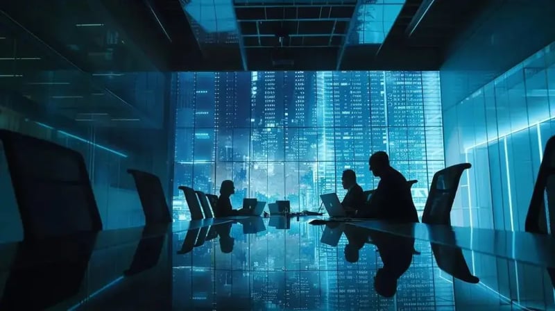 a sleek, modern office space showcases a digital display featuring the nist cybersecurity framework, with professionals engaged in a dynamic discussion around a large conference table, embodying the essence of strategic cybersecurity advancements.
