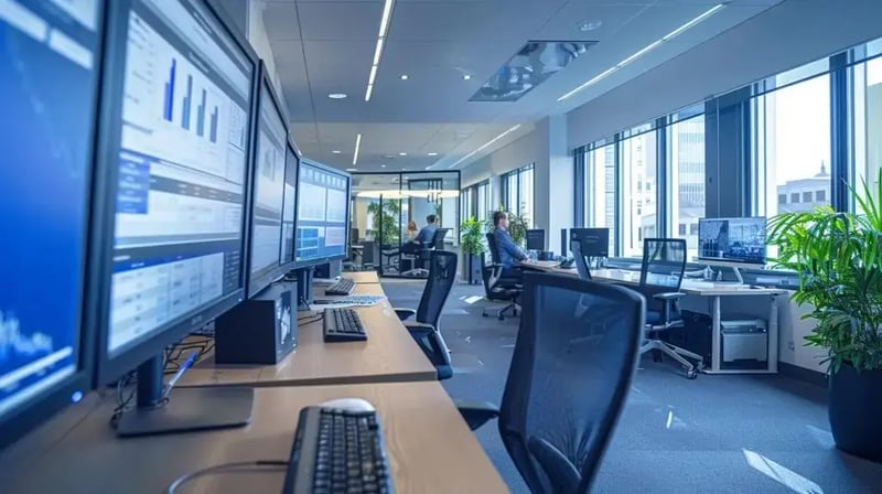 a sleek, modern office space with multiple computer screens displaying complex cybersecurity dashboards, while a focused professional reviews access control measures and identity management protocols in a well-lit, tech-enabled environment.