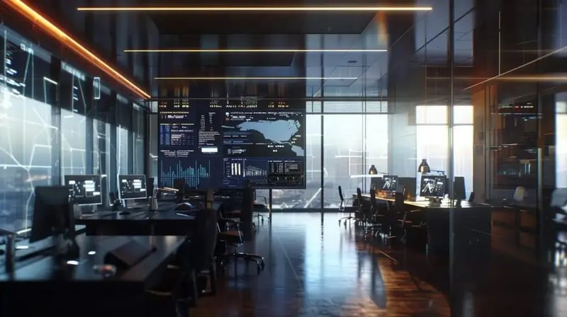 a sleek, modern office space is filled with professionals engaged in a high-stakes cybersecurity strategy session, illuminated by dynamic screens displaying real-time data and threat assessments, emphasizing the urgency and precision required for breach management.