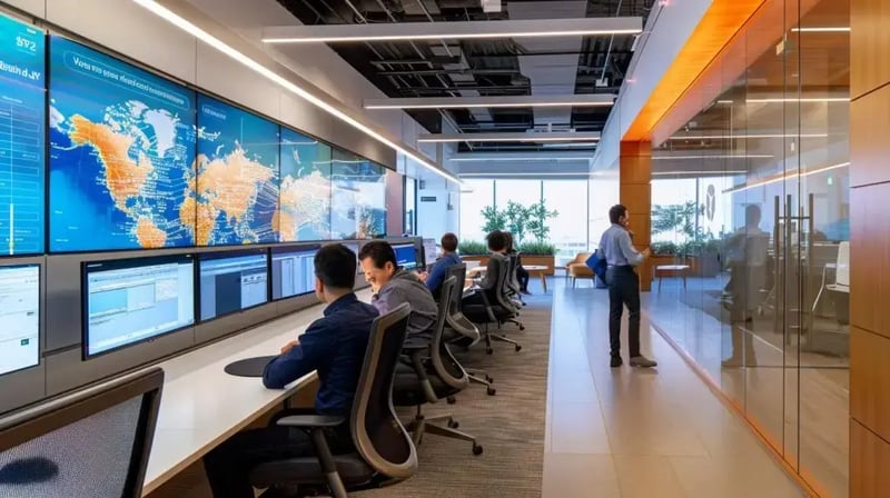 a sleek, modern office with a vibrant team of cybersecurity professionals engaged in a strategic meeting, highlighted by high-tech screens displaying data analytics and security protocols, emphasizing the benefits of localized support in crisis response.