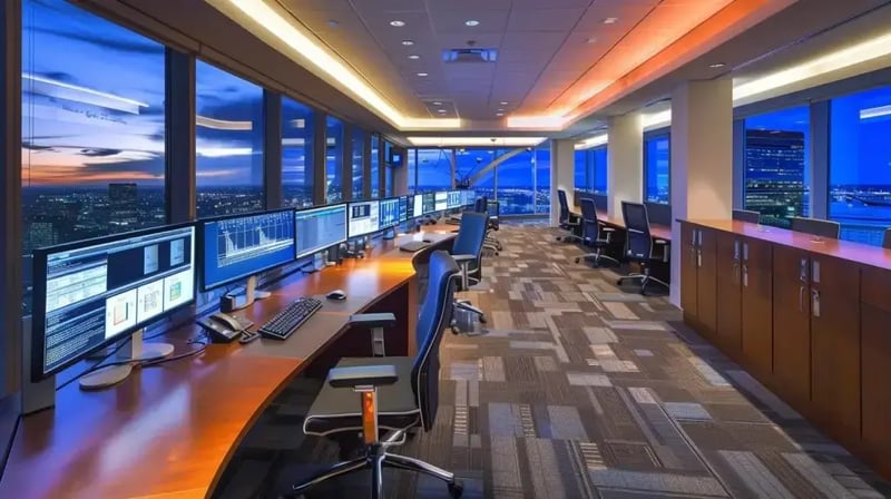 a sleek, modern office workspace showcases an array of high-tech computer screens displaying sophisticated data protection software interfaces, emphasizing seamless cloud integration and robust security features, all illuminated by dynamic, ambient lighting.