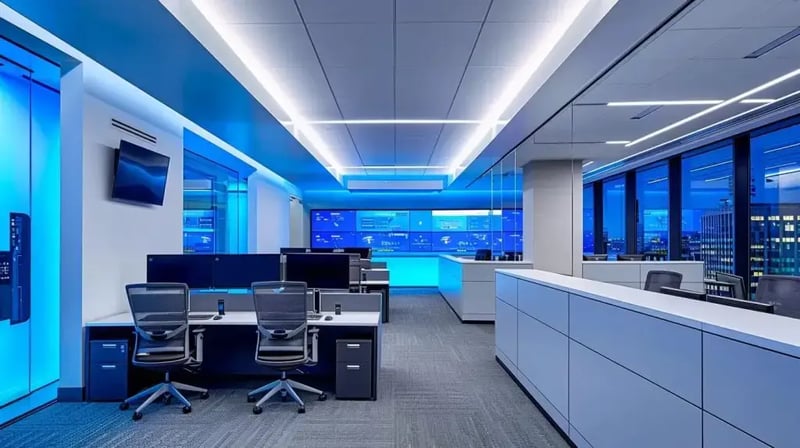 a sleek, modern office workspace filled with high-tech monitors displaying cybersecurity incident response plans, illuminated by cool blue and white lighting, symbolizing the proactive strategies in risk management.