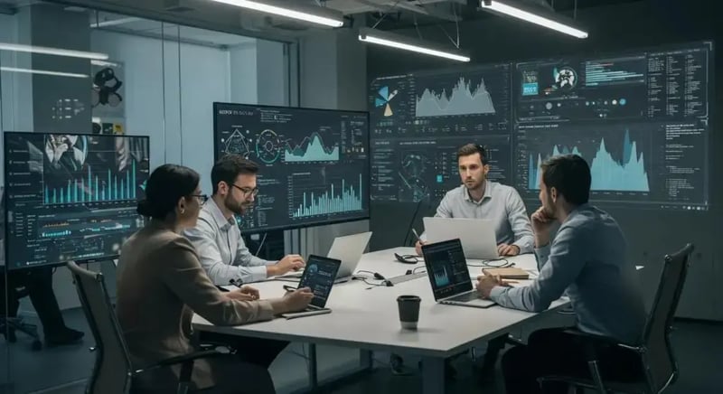 a modern office environment showcases a diverse team of professionals engaged in a collaborative meeting, with digital screens displaying complex data security compliance metrics and regulatory frameworks, highlighting the importance of network security adherence.