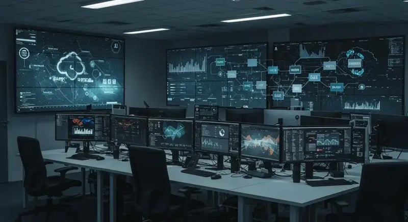a high-tech office workspace showcases multiple large screens displaying dynamic data flow visuals and security alerts, emphasizing the urgency of combating data breaches in cloud systems.