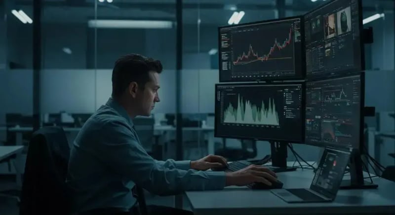 a sleek, modern office setting features a focused it professional analyzing multiple screens displaying critical security metrics and alerts, casting a stark contrast against a backdrop of polished steel and glass.
